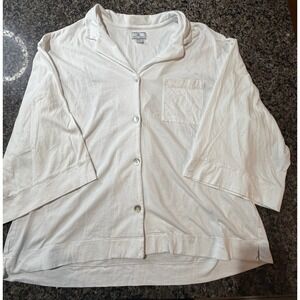 Petite Plume White 100% Pima Cotton Pajama Top Button Down Sleep Shirt Womens L